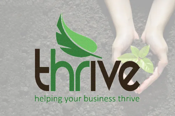 Thrive, helping your business thrive, logo over hands holding a seedling