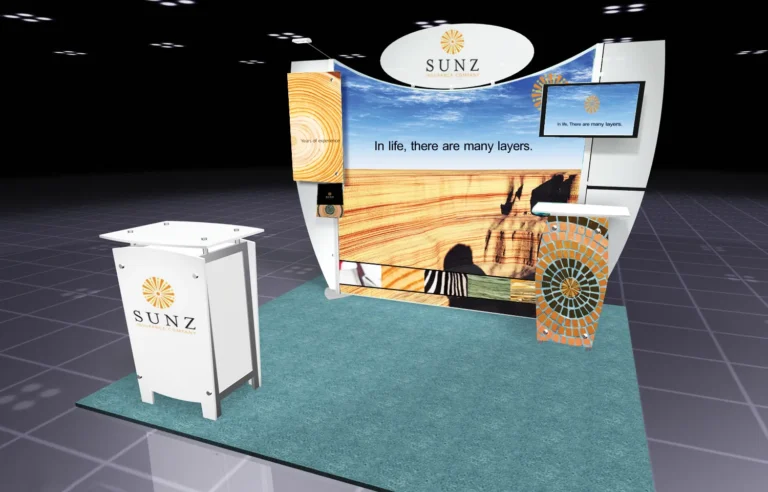 3D rendering of a Sunz exhibit booth with curved display wall and counter
