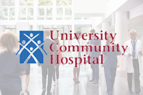 University Community Hospital logo over a faded hospital lobby photo
