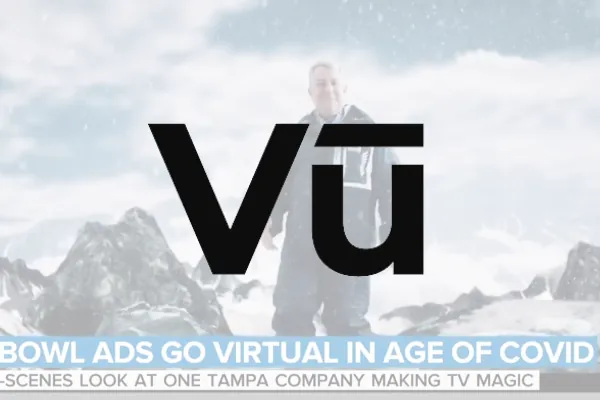 Vu logo over a faded NBC TODAY still of a person on a virtual snowy mountain
