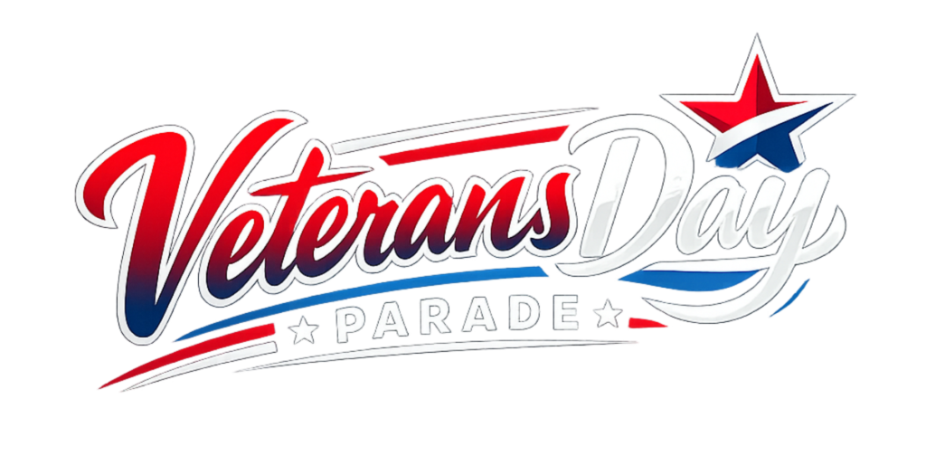 Veterans Day Parade logo with a red, white and blue script and a star