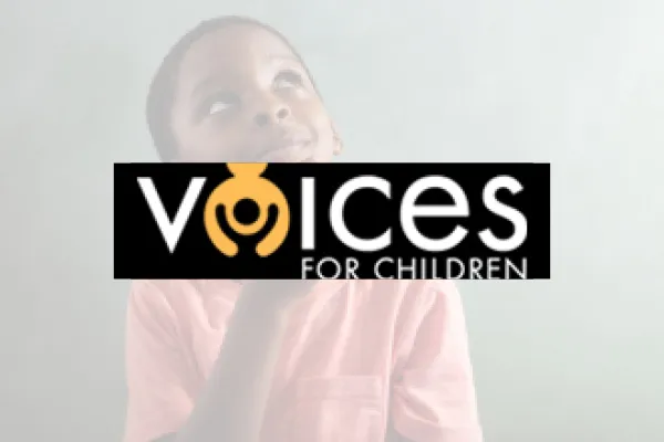 Voices for Children logo over a photo of a boy looking up thoughtfully