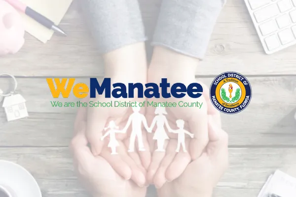 WeManatee School District of Manatee County logo over hands holding a paper family