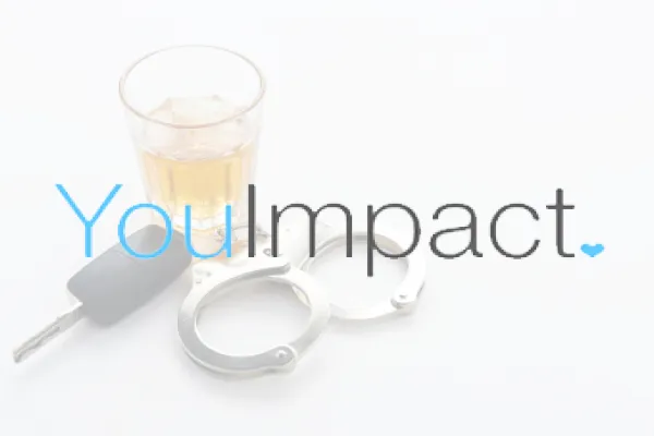YouImpact logo over car keys, handcuffs and a glass of whiskey