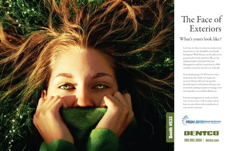 Dentco ad headed 'The Face of Exteriors' with a woman's face peeking from green grass