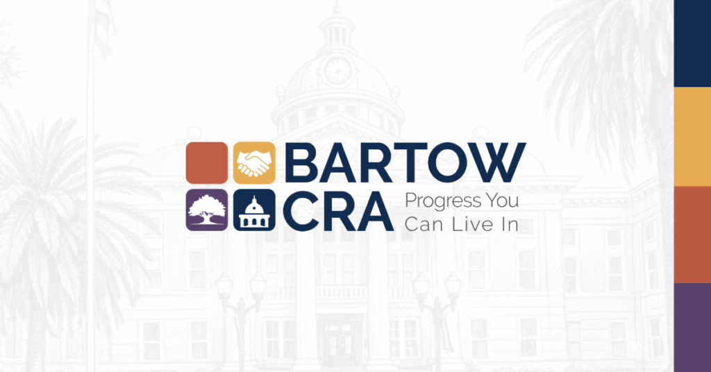 Bartow CRA logo, Progress You Can Live In, over a faded courthouse drawing