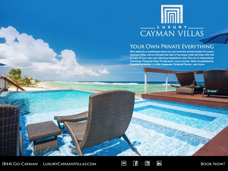 Luxury Cayman Villas ad headed 'Your Own Private Everything' with a villa pool and lounge chairs