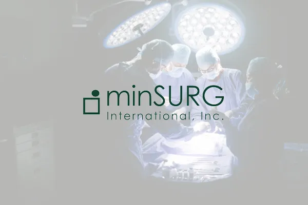 minSURG International, Inc. logo over a faded operating room photo