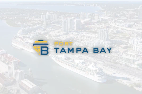 Port Tampa Bay logo faded over an aerial photo of the port