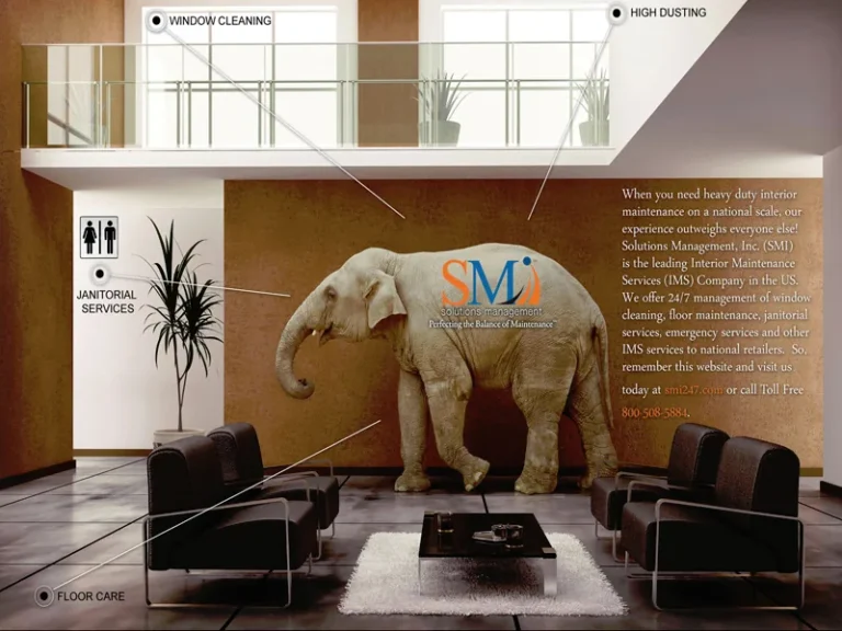 SMI ad showing an elephant in an office lobby labeled with window cleaning, high dusting, and floor care