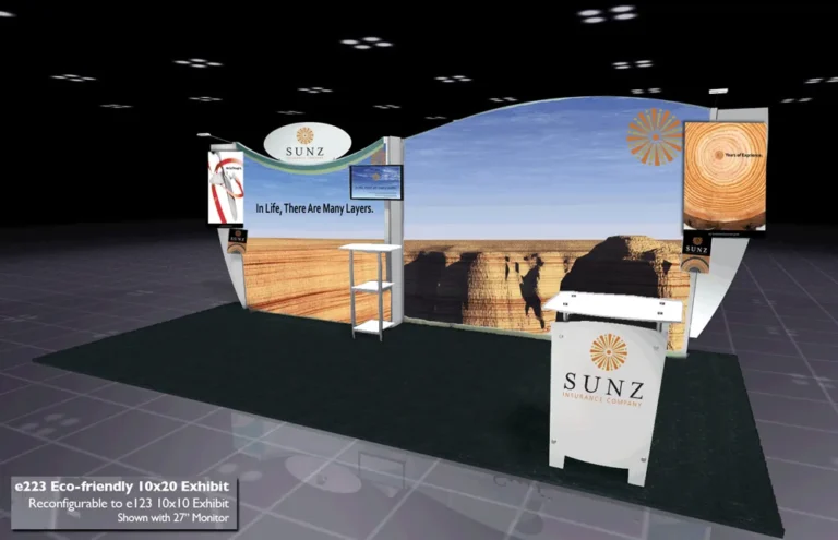 3D rendering of a Sunz 10x20 exhibit booth with curved backdrop