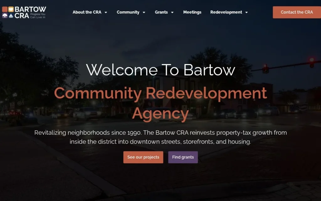 Bartow CRA website homepage, Welcome to Bartow Community Redevelopment Agency