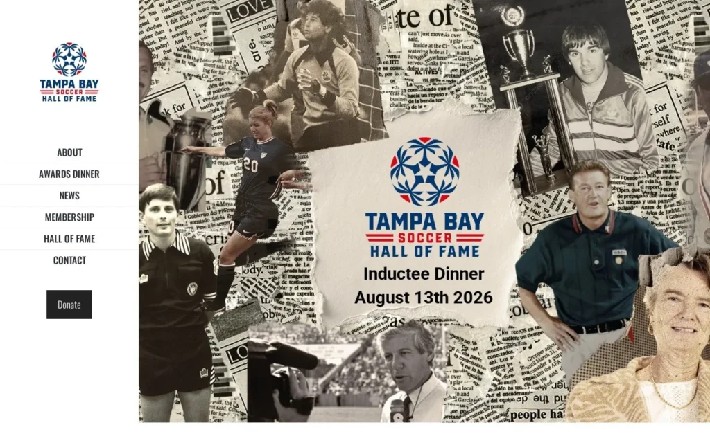 Tampa Bay Soccer Hall of Fame website homepage, Inductee Dinner August 13th 2026