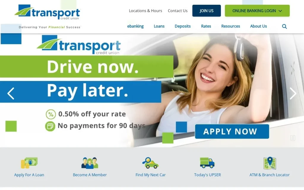 Transport Credit Union website homepage, Drive now. Pay later.
