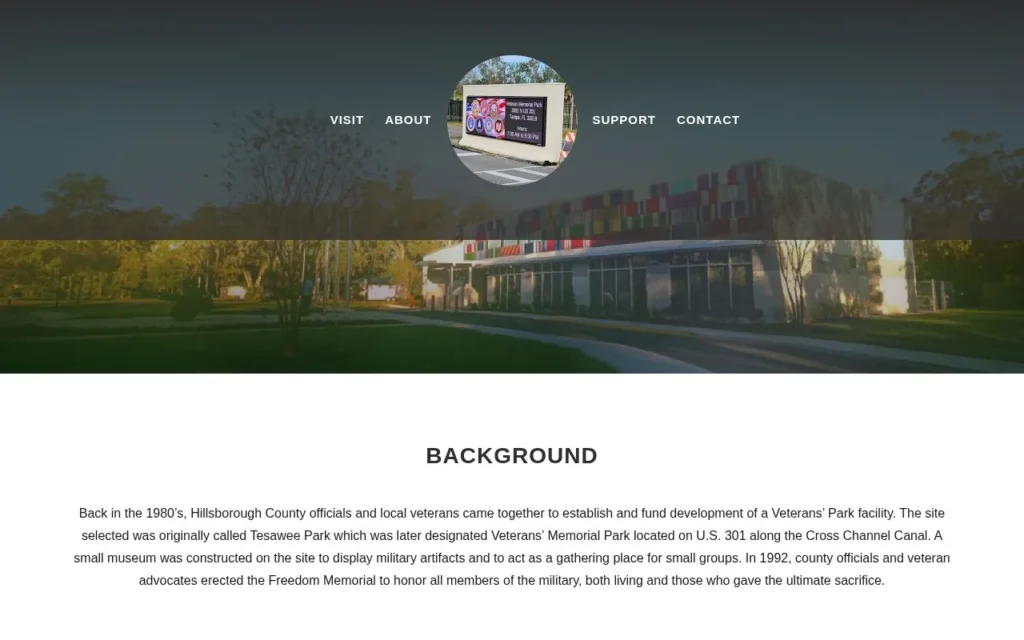 Veterans Park Health Center website with Background section