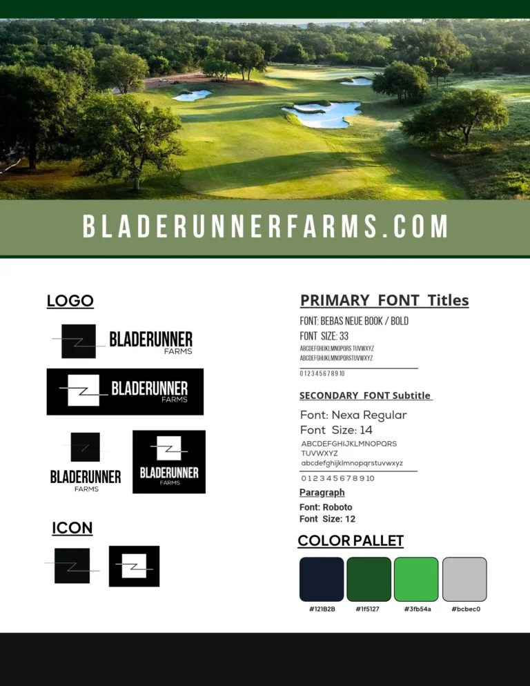 Bladerunner Farms brand guide page with logo, fonts and color palette