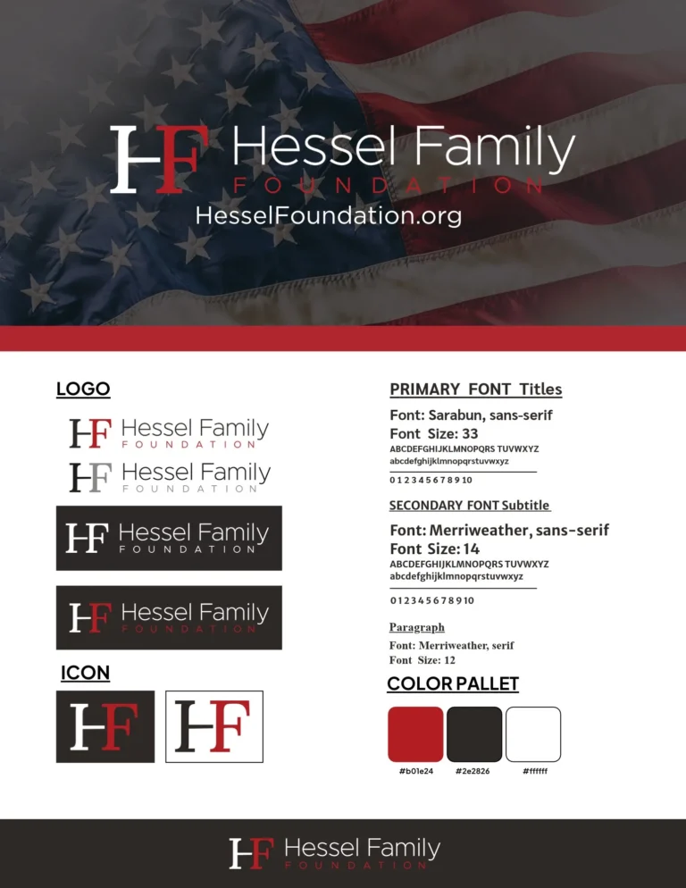 Hessel Family Foundation brand guide page with logo, fonts and color palette