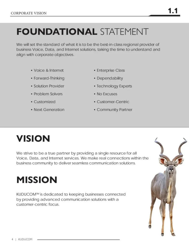 KUDUCOM style guide page 1.1: foundational statement, vision and mission