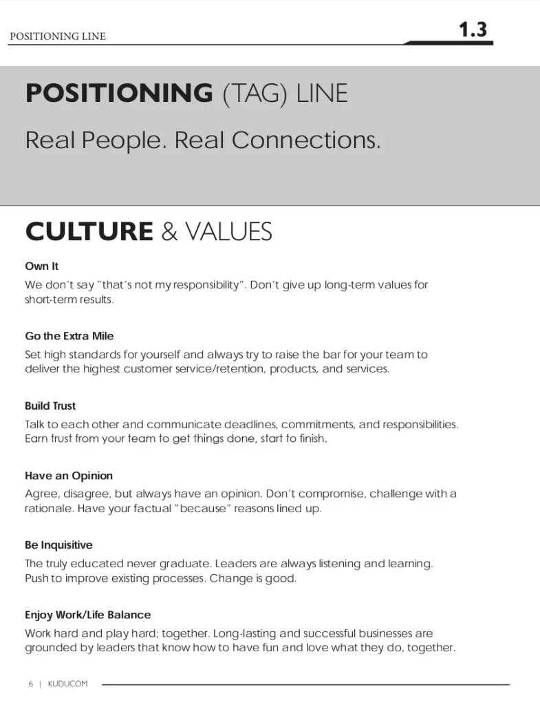KUDUCOM style guide page 1.3: positioning line and culture and values