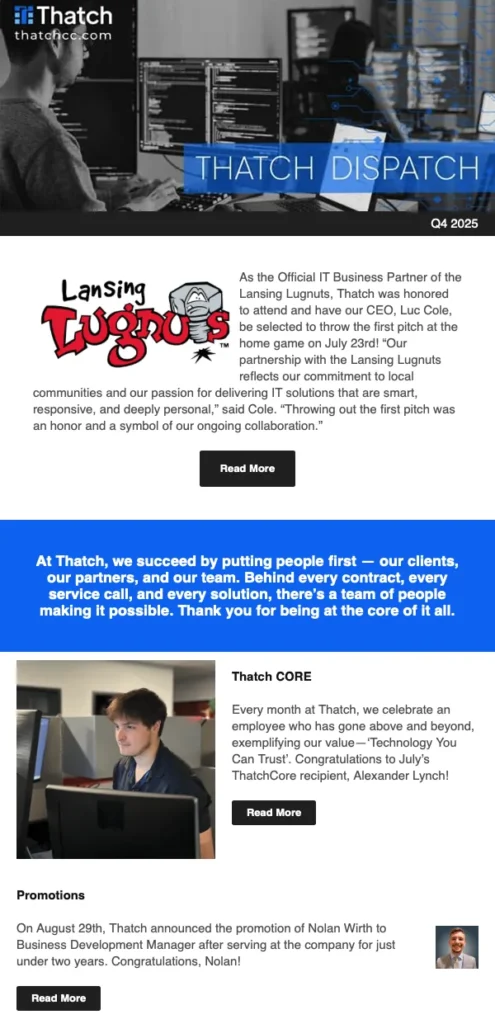 Thatch Dispatch email newsletter with Lansing Lugnuts story and promotions
