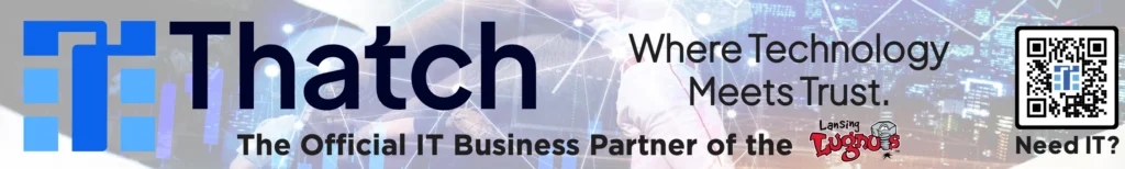Thatch banner: The Official IT Business Partner of the Lansing Lugnuts with a QR code