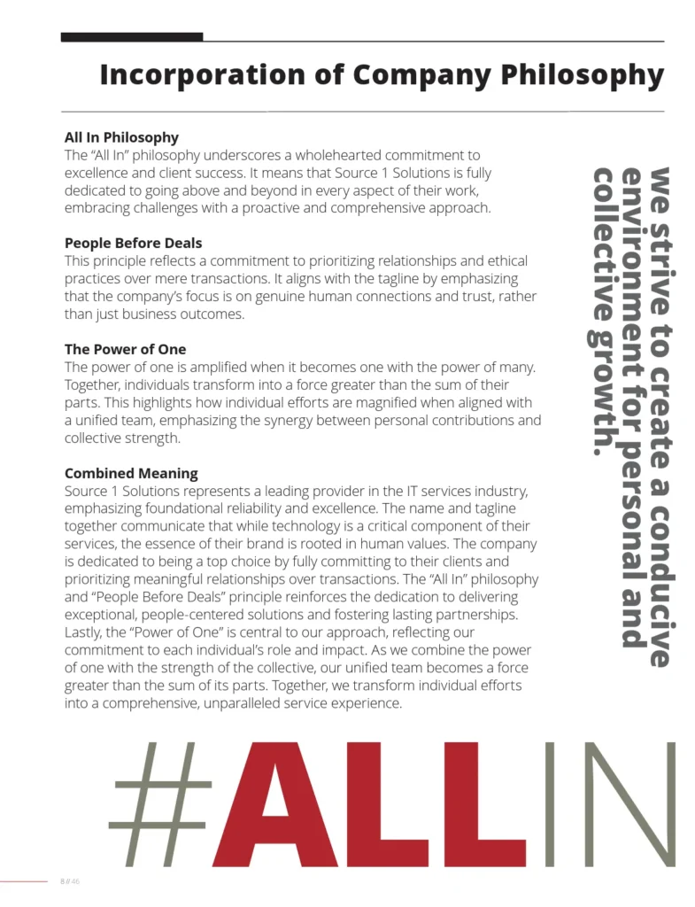 Source 1 Solutions brand guide page: incorporation of company philosophy