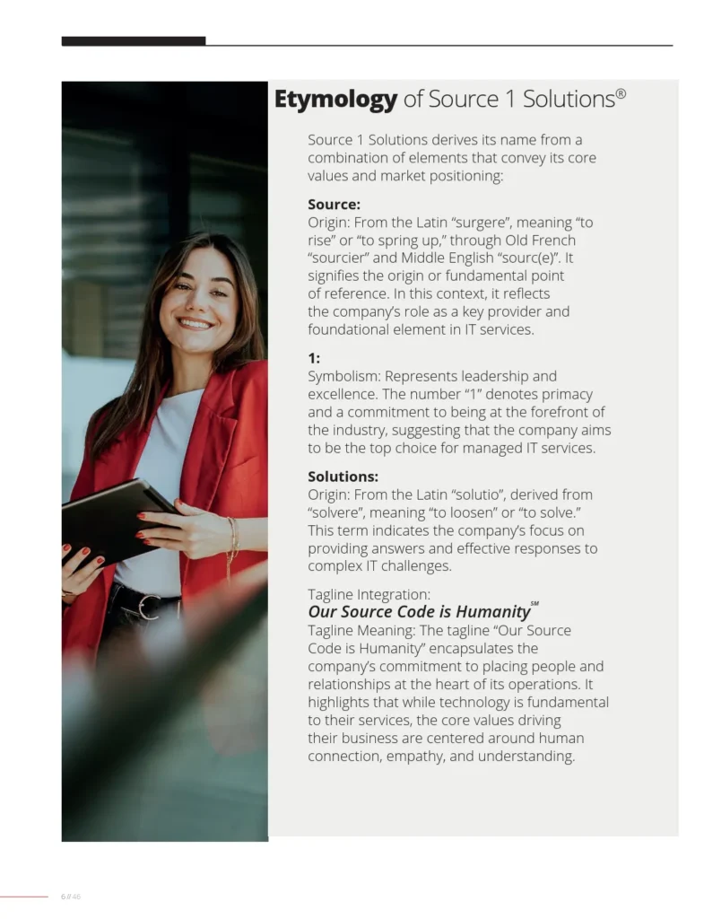 Source 1 Solutions brand guide page: etymology of Source 1 Solutions