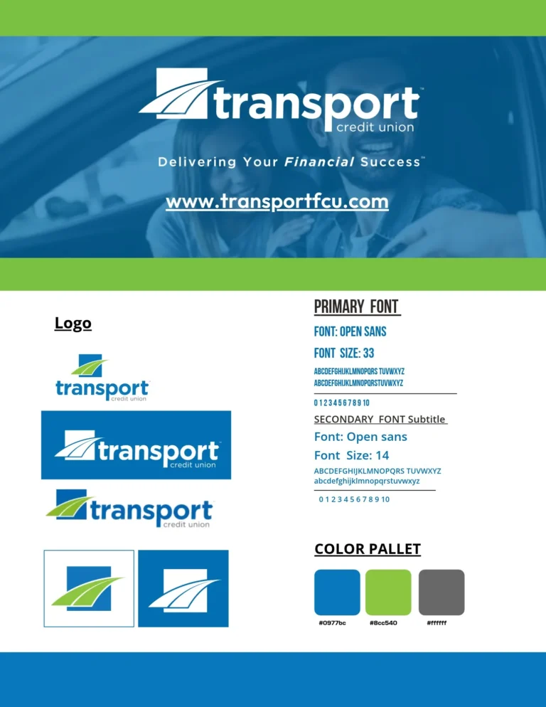 Transport Credit Union brand guide page with logo, fonts and color palette