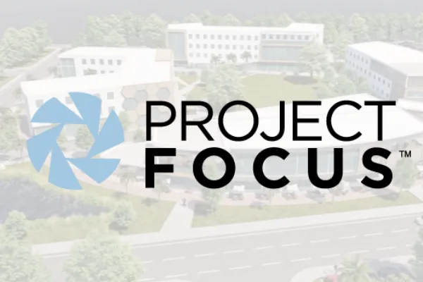 Project Focus logo over a faded aerial view of a campus