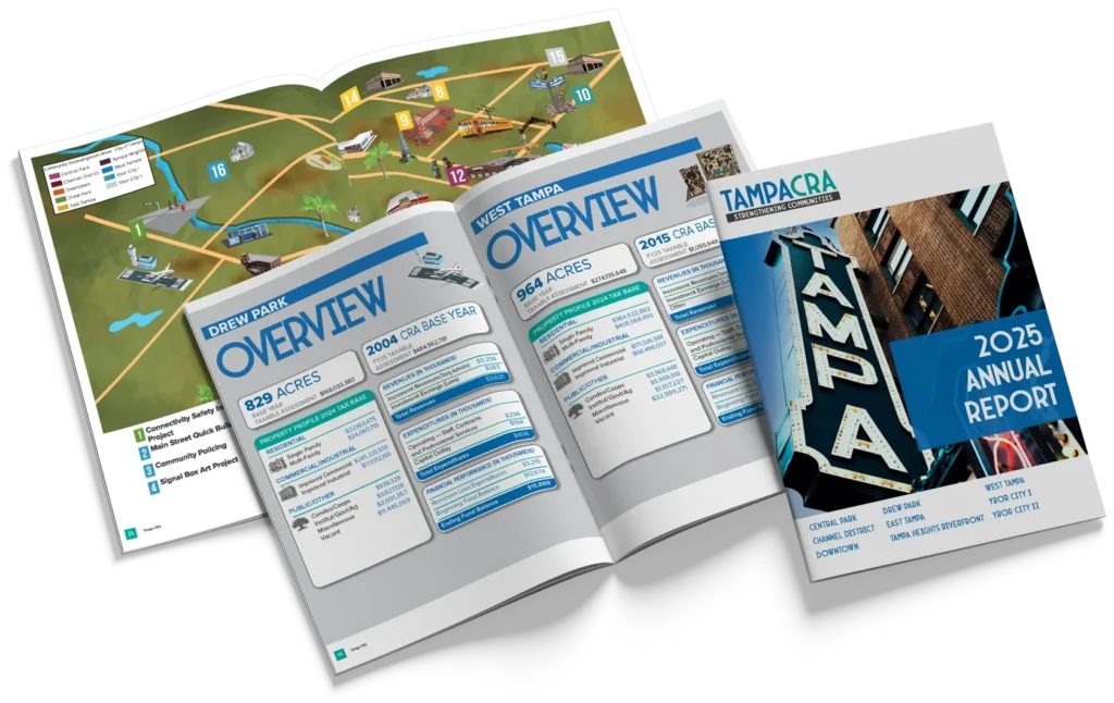 Tampa CRA 2025 Annual Report mockup showing the cover, an overview page and the illustrated redevelopment map