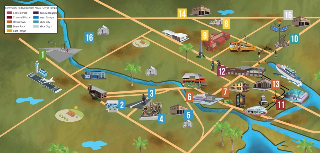 Custom illustrated redevelopment map from the Tampa CRA 2025 Annual Report