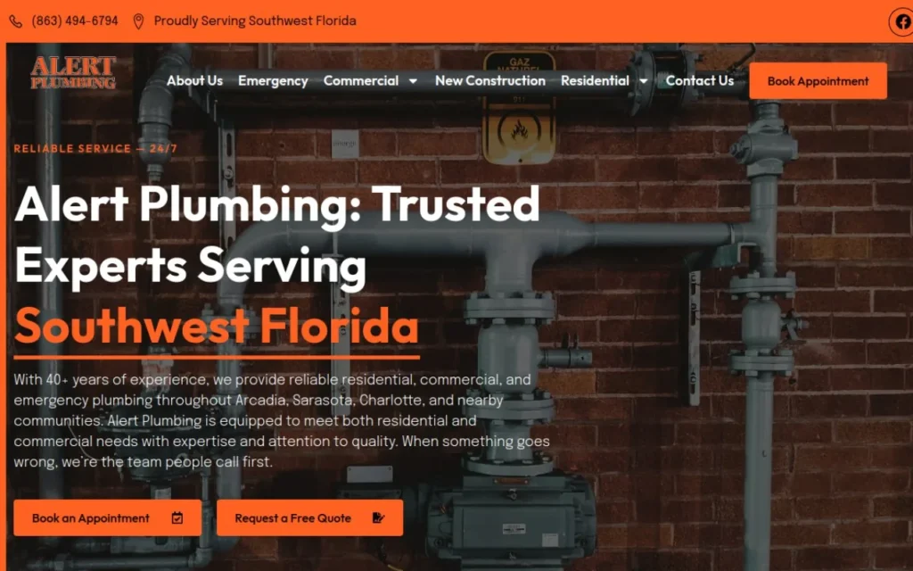 Alert Plumbing website homepage, Trusted Experts Serving Southwest Florida