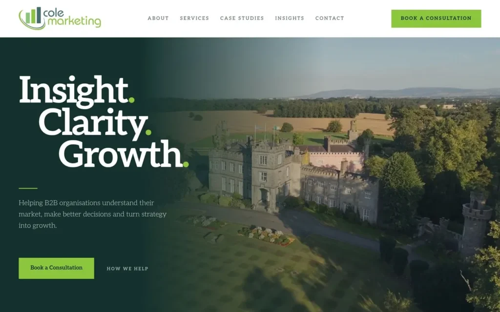 Cole Marketing website homepage, Insight. Clarity. Growth.