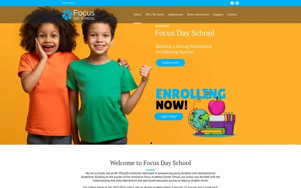 Focus Day School website homepage, Enrolling Now