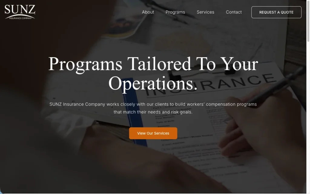 SUNZ Insurance website homepage, Programs Tailored To Your Operations