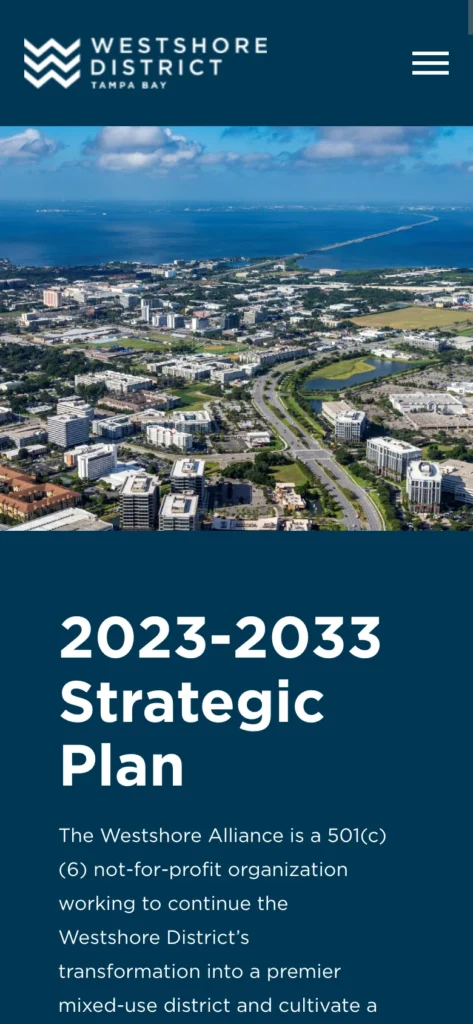 Westshore Alliance interactive strategic plan webpage on mobile