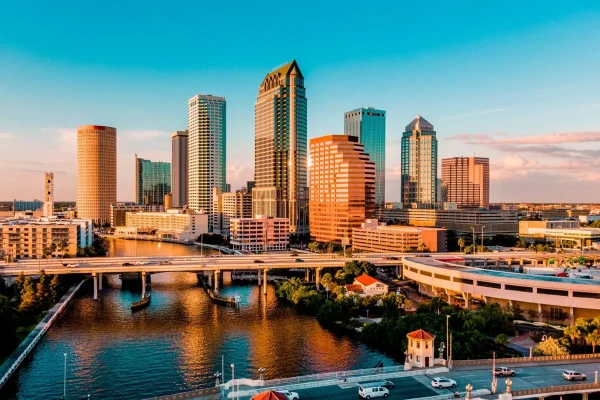 Downtown Tampa skyline and bridges at sunset