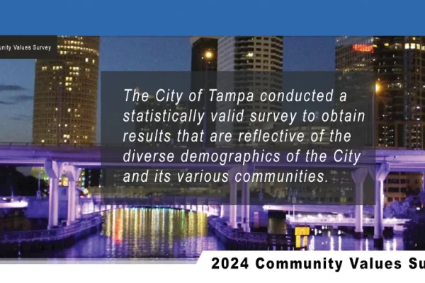 City of Tampa 2024 Community Values Survey graphic over a night photo of a lit bridge