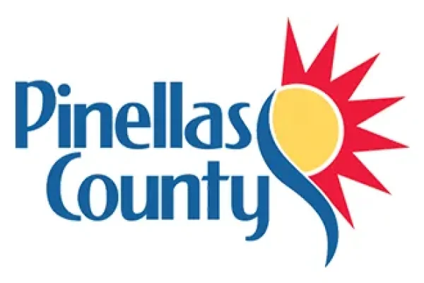 Pinellas County logo with a blue wordmark and a red and yellow sun