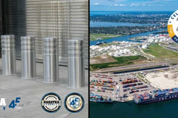 Collage of steel security bollards and an aerial port photo with a 75 years badge, Nasatka Security
