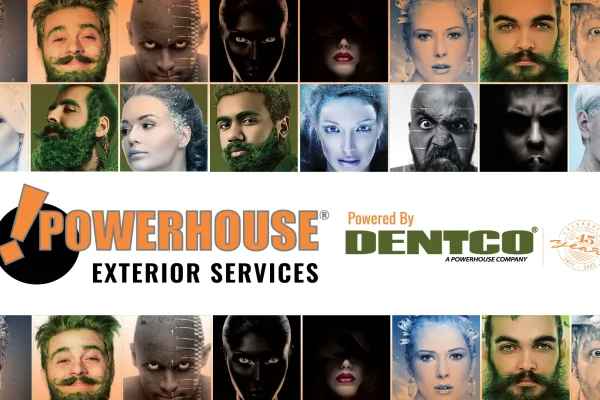 Powerhouse Exterior Services digital ad with a grid of stylized portrait faces, Powered by Dentco