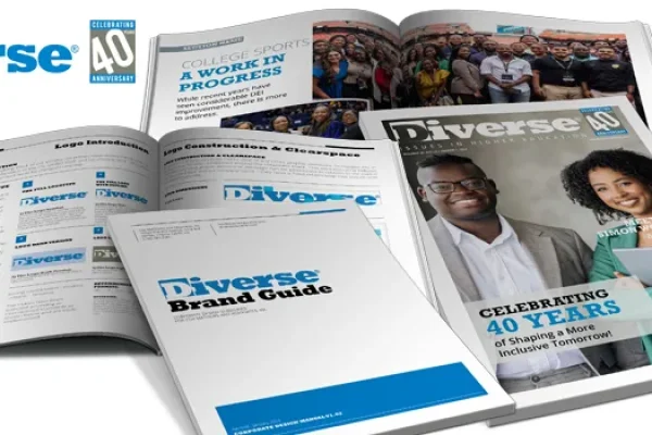 Open Diverse magazine spread and brand guide showing people on the pages