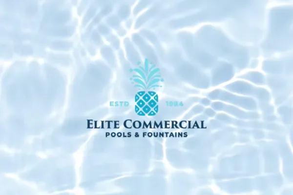 Elite Commercial Pools and Fountains logo over rippling pool water