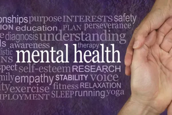 Word cloud featuring 'mental health' beside cupped hands