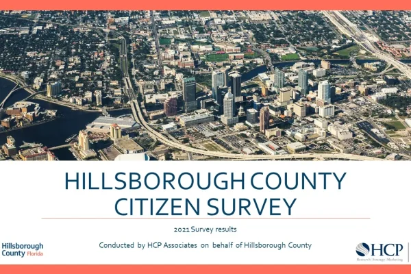 Hillsborough County Citizen Survey 2021 results cover with an aerial photo of Tampa