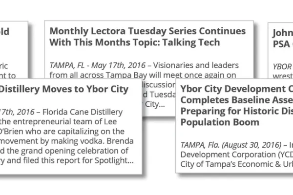 Ybor City Development Corporation newsletter page with several news articles