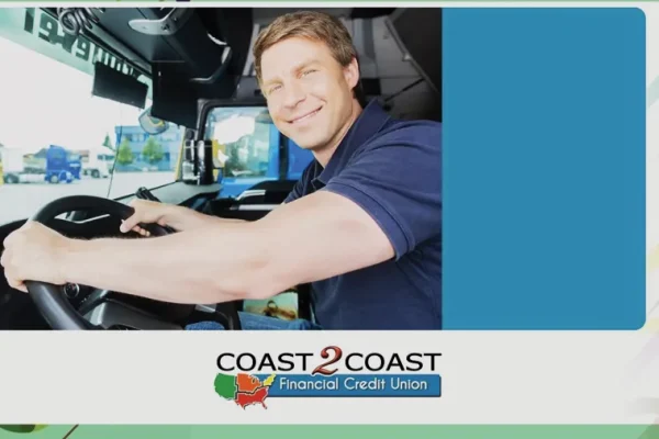 Smiling bus driver at the wheel on a Coast2Coast graphic with colorful arrows