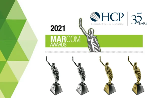 HCP Associates 2021 MarCom Awards graphic with four award statuettes