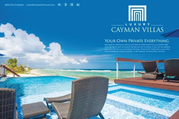 Luxury Cayman Villas web banner with a pool and lounge chairs, Your Own Private Everything