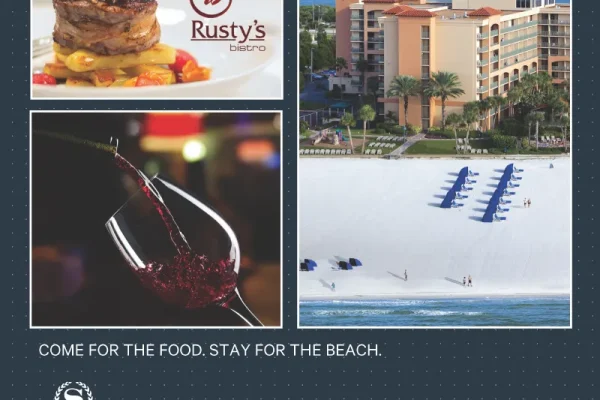 Four photo ad with a plated dish, a hotel on the beach, a wine pour and beach chairs, Come for the Food